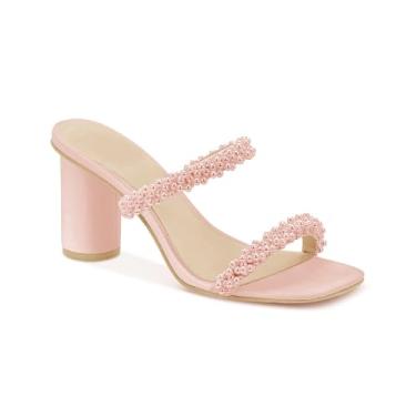 Imagem de Guayonng Sandálias femininas de salto grosso, pérolas, tiras abertas, bico quadrado, sem cadarço, salto bloco sem costas nuas, rosa, 40