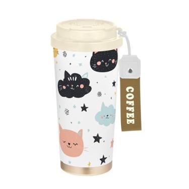 Imagem de SEHANY Caneca de viagem de gato gatinho fofo de 482 g xícaras de café reutilizáveis revestidas de cerâmica com tampa à prova de vazamento, parede dupla, isolamento a vácuo, copo de café de aço