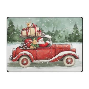 Imagem de Blueangle Tapetes de Natal laváveis de 10 x 13 cm para sala de estar - Tapete ultramacio antiderrapante resistente a manchas com estampa de carro vermelho vintage, decoração de férias para quarto e