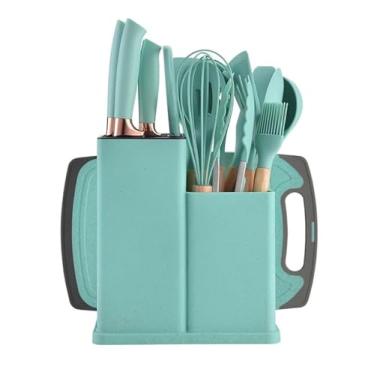 Imagem de Utensílios de Cozinha Silicone 19 Peças com Kit de Facas e Tabua (Verde)