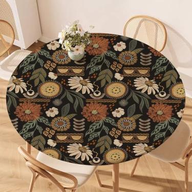 Imagem de viaowan Toalha de mesa redonda Boho floral ajustada com borda elástica – lavável, antiderrapante, sem rugas para mesas redondas de 109 a 122 cm