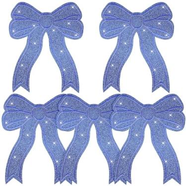 Imagem de DOPENSPI 5 peças de apliques de laço azul, aplique bordado com laço de glitter, laço grande com glitter, costurar, remendos brilhantes, acessórios DIY para roupas, mochilas, jaquetas, chapéus