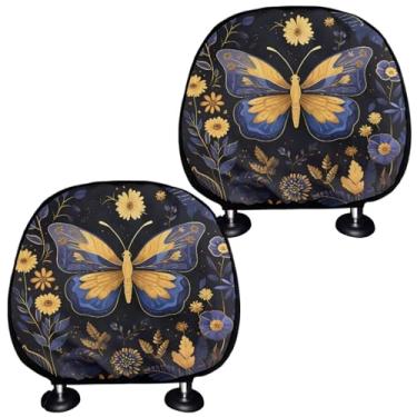 Imagem de WUYOJUXA 2 peças de capas de descanso de cabeça de carro borboleta amarela estampa de flores protetor de encosto de cabeça de assento automotivo conjunto universal de interior de carro macio elástico