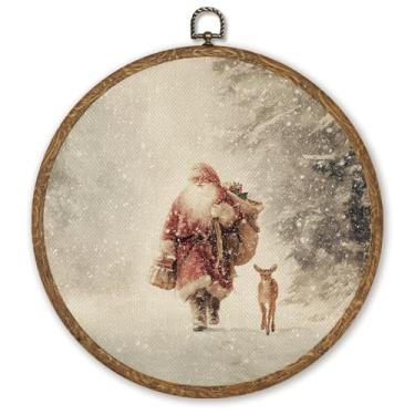 Imagem de WMSYUO Arte de parede redonda de Papai Noel, impressão em tela vintage de casa de fazenda, 25 x 25 cm, pintura clássica de Papai Noel para decoração de casa de Natal ou presente para amigos familiares