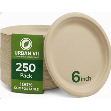 Imagem de URBAN VII Pratos compostáveis de 15 cm [pacote com 250] – papel de bagaço descartável bege, resistente, seguro para micro-ondas, resistente a gordura, ecológico (sem PFA) – Ótimo para festas
