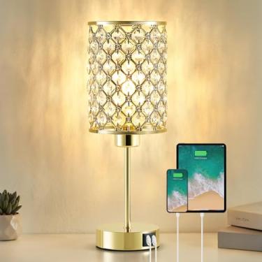 Imagem de GyroVu Luminária De Mesa De Cristal, Luminária Gold Touch Para Mesa De Cabeceira Com Portas Usb C+A, Luminária Regulável De 3 Vias Com Cúpula De Cristal, Luminária De Cabeceira Pequena Para Quarto,