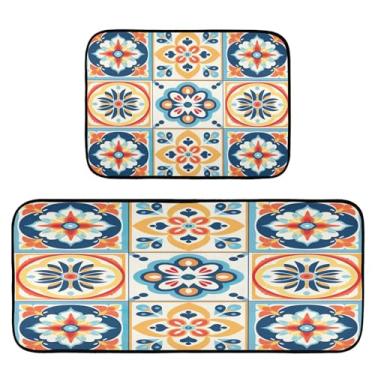 Imagem de Wassud Tapetes de cozinha geométricos de flores para piso decoração de casa tapetes de cozinha acolchoados antifadiga tapetes de cozinha antiderrapante lavável essencial de cozinha conjunto de 2