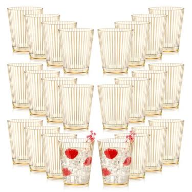 Imagem de 24 peças de copos de plástico com nervuras 283 g dourado inquebrável vintage ondulado sem haste copos de vinho copos de vidro descartáveis retrô copos para Natal, ano novo, aniversário