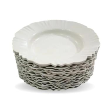 Imagem de Jogo de 10 Pratos Fundos com Borda, Branco Off White, Plástico Polipropileno, 23 cm, Desenho de Pétala, Reutilizável, para Sopas e Refeições