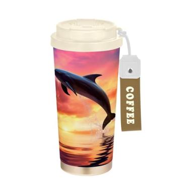 Imagem de YETTASBIN Caneca de café Dolphin com isolamento térmico de 482 g com tampa canudo, copo à prova de derramamento e vazamento com alça para bebida quente e fria, garrafa de água de aço inoxidável
