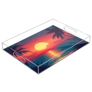Imagem de STAYTOP Linda bandeja de servir acrílica à beira-mar, pôr do sol, 15,7 x 11,20 cm, bandejas decorativas à prova de derramamento, organizador de bancada para café da manhã, chá, comida, maquiagem