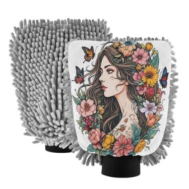Imagem de STAYTOP Luvas de lavagem de carro A Woman Surrounded by Butterflies 2 peças, luvas de microfibra de chenille sem arranhões, panos de esponja de lavagem ultra absorventes para carros, limpeza doméstica