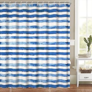 Imagem de Cortina de chuveiro listrada para banheiro azul e branco listrado design de peças cortinas de banheira de tecido moderno abstrato minimalista decoração de banheiro lavável tecido de poliéster