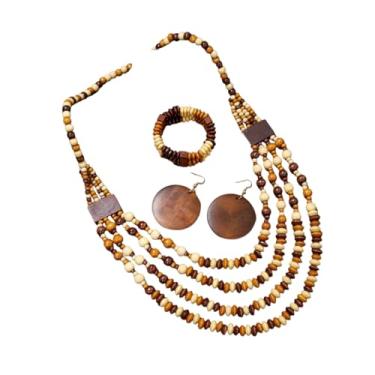Imagem de DATOA Conjunto de colar gargantilha vintage colorida com contas de madeira boêmia, geométrico, brincos pendentes estilo étnico, bijuterias para mulheres, Madeira, Sem Pedra Preciosa