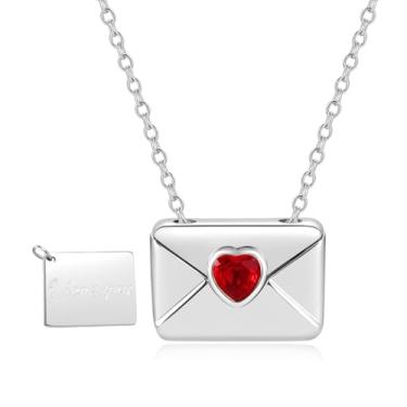 Imagem de Colar envelope com carta de amor para o Dia dos Namorados – Medalhão gravado com zircônia cúbica de coração vermelho e pingente oculto I Love You, joia de presente para mulheres, casais e família