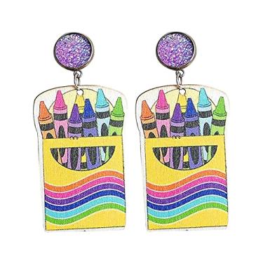 Imagem de Brincos de madeira engraçados empilháveis com pingente de lápis pilha de livros para mulheres, bibliotecária, professora, estudantes, graduação, joias de volta às aulas, Madeira, madeira