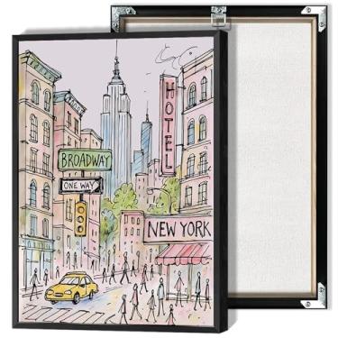 Imagem de Pôster vintage de rua da cidade de Nova York, charmoso, ilustração desenhada à mão, arte de parede, táxi, amarelo, impressão de sinal unidirecional, pintura para decoração de parede de quarto