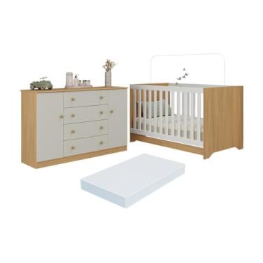 Imagem de Berço Americano 3 em 1 com Colchão Incluso e Cômoda 2 Portas 4 Gavetas Encanto Multimóveis Mp4703 Madeirado/off White