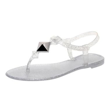 Imagem de OMGard Sandálias femininas cravejadas chinelos tanga gelatinosa ajustável tira em T jellies sapatilha transparente verão praia piscina chinelos sem cadarço secagem rápida macio, Prata, 38