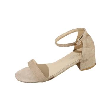 Imagem de Sandálias femininas de salto baixo com salto grosso, alça de fivela versátil para uso casual na primavera e no verão, Branco, 35