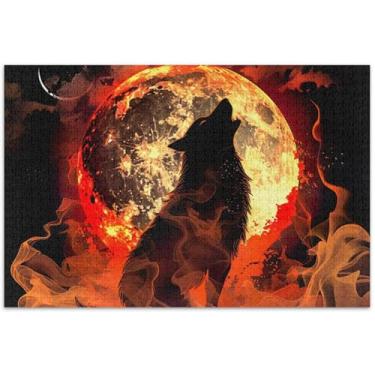 Imagem de Quebra-cabeça de lobo de fogo uivando lua 1000 peças para adultos quebra-cabeça família amantes presentes paisagem decoração de casa arte