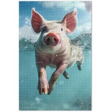 Imagem de Quebra-cabeça engraçado de porco pulando debaixo d'água imagens de fotos para adultos 500 peças pintura de arte floral quebra-cabeça colorido elefante branco, 51 x 35 centímetros