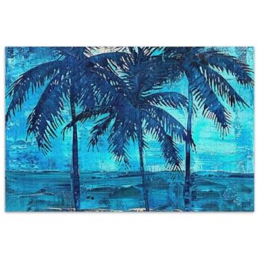 Imagem de Pintura de praia palmeiras azul quebra-cabeça 1000 quebra-cabeças para adultos família elefante branco presentes divertido quebra-cabeça cenário floral