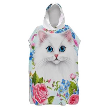 Imagem de TSENQUE Poncho de surfe para adultos trocador de roupão de praia com capuz toalha absorvente de natação ponchos de praia para homens gato branco fofo gatinho