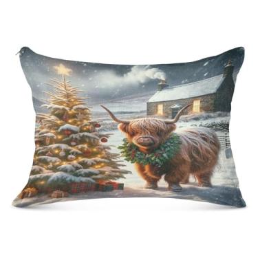 Imagem de Capa de almofada de Natal vaca neve highland gado macio 53 x 137 cm Queen Size fronha resistente a desbotamento e manchas com zíper