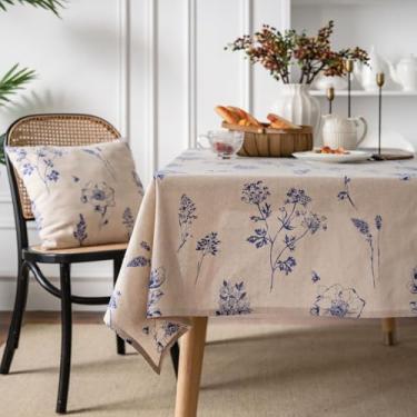 Imagem de Wuluwala Toalha de mesa floral azul para mesas de jantar, toalha de mesa de linho rústica com estampa de casa de fazenda toalha de mesa de tecido lavável para cozinha, uso interno e externo 140 x 299