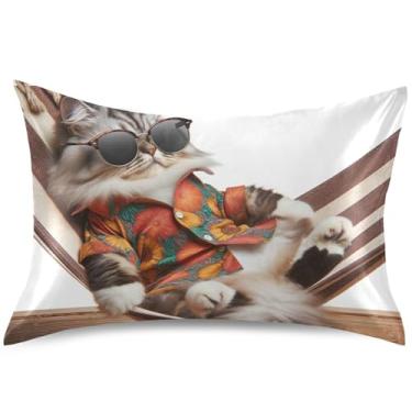 Imagem de Capas de travesseiro engraçadas gatinho fofo de cetim para cabelo King Queen padrão almofada deslizante colorida decoração de quarto estética, tamanho Queen, 76,2 cm x 50,8 cm