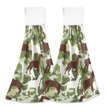 Imagem de Camuflagem marrom cachorro verde outono pendurado prato toalhas de mão toalhas de forno personalizado ponta de dedo conjunto de 2 absorventes macios decorativos essenciais de cozinha, 18,2 x 14