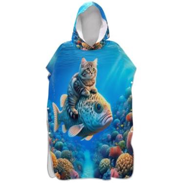 Imagem de Joisal Roupão de mudança de poncho de surfe para adultos toalha de banho com capuz plus size unissex adulto poncho com capuz gato fofo peixe azul