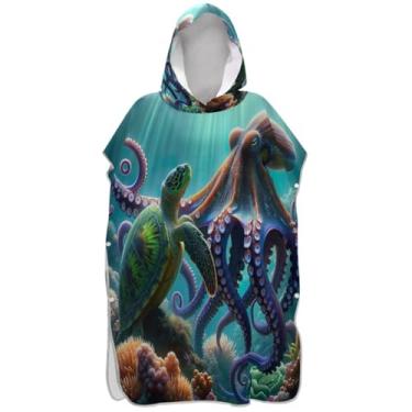 Imagem de Joisal Roupão de troca de poncho de surfe azul-petróleo tartaruga animais marinhos para adultos reutilizáveis para mulheres toalha de banho com capuz de praia