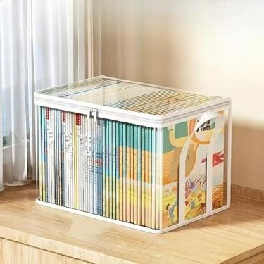 Imagem de Caixa de armazenamento transparente grande, 2 peças - capa flip de 180°, organizador resistente com economia de espaço para livros/roupas/documentos (branco)