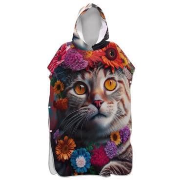 Imagem de TSENQUE Poncho de surfe trocador de roupão adultos praia banho com capuz toalhas de praia reutilizáveis ponchos de praia para homens gato fofo colorido floral