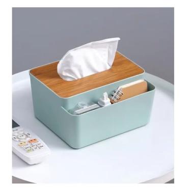 Imagem de Porta Lenço de Papel e lenço Umidecido com Organizador Multifuncional em Bambu para Mesa Sala Escritório e Quarto (CINZA)