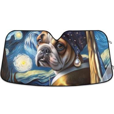 Imagem de Bulldog com brinco de pérola para-sol para para-brisa de carro persianas dobráveis personalizadas para janelas dianteiras floral retrátil L, 144,8 cm x 80 cm
