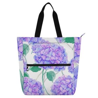 Imagem de Sacola feminina com flores de hortênsia em aquarela roxa azul para trabalho, lona, praia, livros, zíper, bolsas para professores, presente para amantes de livros