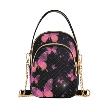 Imagem de Bolsa tiracolo feminina Cars and Construction Workers, bolsa tiracolo com alça removível, bolsas transversais elegantes, Borboletas rosa na cor preta-3, One Size