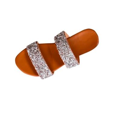 Imagem de Sapatos de praia femininos rasos com lantejoulas e strass para o verão, casual, confortável, sem cadarço, Marrom, 38