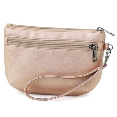 Imagem de BBORGDC Carteira feminina pequena, bolsa clutch de couro vegano com 3 zíperes para mulheres, bolsa clutch dourada boho para caminhar, viajar, viajar, presente (design original)