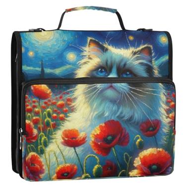 Imagem de Ragdoll Fichário de gato papoula estrelada, floral, 3 anéis, fichário com zíper resistente, com alça de ombro para armazenamento de documentos escolares pasta de portfólio com alça