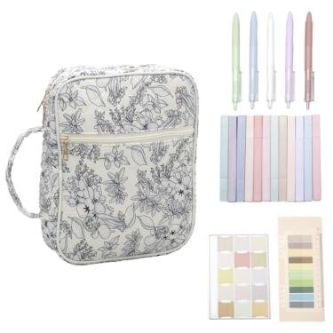 Imagem de Bolsa de capa bíblica para mulheres, estojo de transporte bíblico com 2 compartimentos com alça, abas, marcadores, sacos de igreja bíblica acolchoados macios para artigos de estudo da igreja, 30 x 7 x