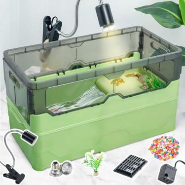 Imagem de Wedoelsim Kit de tanque de tartaruga com filtro + bomba de água + lâmpada de calor, rodas, fácil de mover, imita os fluxos naturais, adequado para eremita de sapo com chifres de tartaruga pequena (M
