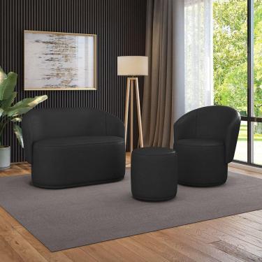 Imagem de Sofá Namoradeira Com Poltrona E Puff Orgânico Sala Malu Sintético M11 - D`rossi Preto