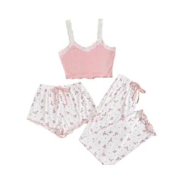 Imagem de Conjunto De Pijamas Feminino Em Três Peças Com Estampa Em Forma De Cor