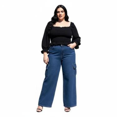 Imagem de Calça Jeans Feminina Wide Leg Preta Rasgada Plus Size Lycra - By Reemb