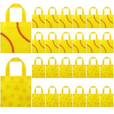 Imagem de Sweetude 24 peças de sacolas esportivas não tecidas de presente para lanches e doces para decorações de festa esportiva, suprimentos de festa, 19 x 19 cm (beisebol amarelo)