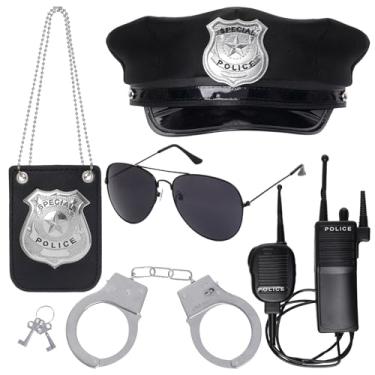 Imagem de Hmxpls 5 peças de acessórios de fantasia de polícia, chapéu de policial, óculos de sol, crachá, algemas, walkie-talkie